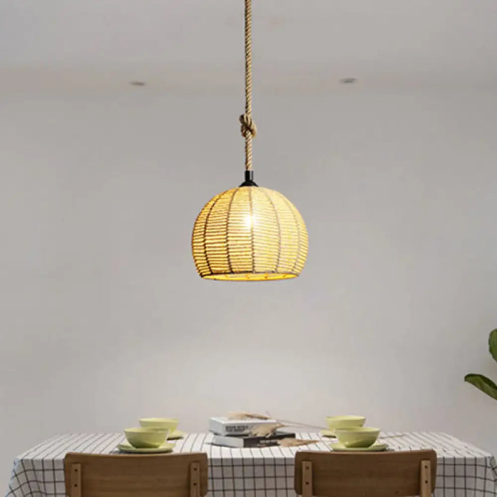 Hemispherical Farmhouse Hanging Lamp - 1-Light Hemp Rope Pendant Light For Dining Room 1 / Wood 12’