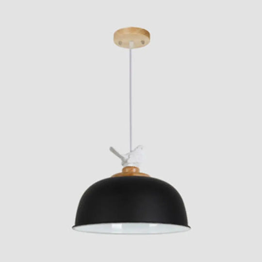 Hemispherical Nordic Pendant Light For Balcony: Aluminum Suspension With Bird Accent Black