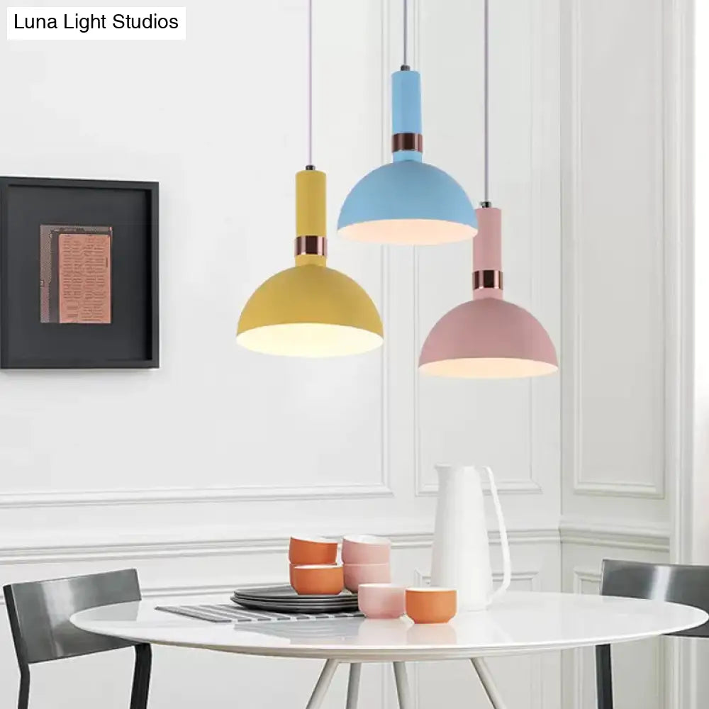 Hemispherical Pendant Macaron Light Fixture - Pink/Yellow/Blue Metal Suspended With Handle