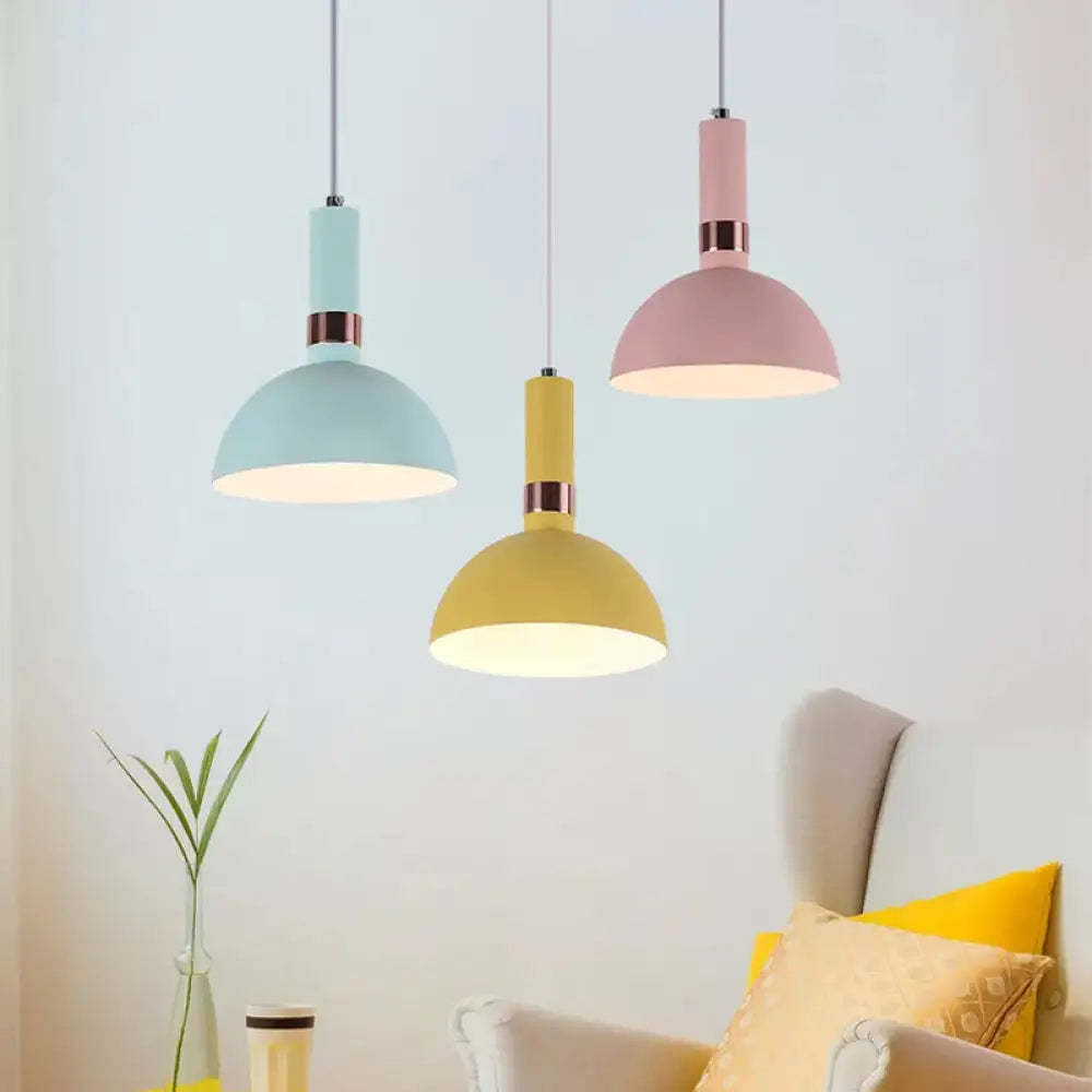 Hemispherical Pendant Macaron Light Fixture - Pink/Yellow/Blue Metal Suspended With Handle Pink