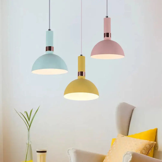 Hemispherical Pendant Macaron Light Fixture - Pink/Yellow/Blue Metal Suspended With Handle Pink