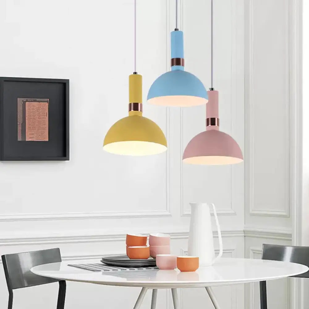 Hemispherical Pendant Macaron Light Fixture - Pink/Yellow/Blue Metal Suspended With Handle Blue