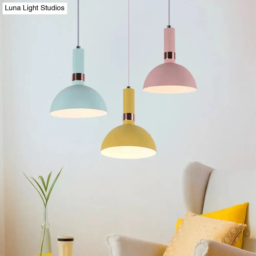 Hemispherical Pendant Macaron Light Fixture - Pink/Yellow/Blue Metal Suspended With Handle