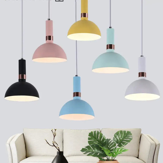 Hemispherical Pendant Macaron Light Fixture - Pink/Yellow/Blue Metal Suspended With Handle Black