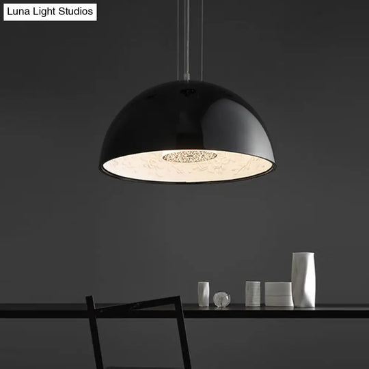 Black/White Hemispherical Resin Pendulum Light Industrial Pendant Lamp With Carved Rose - Single