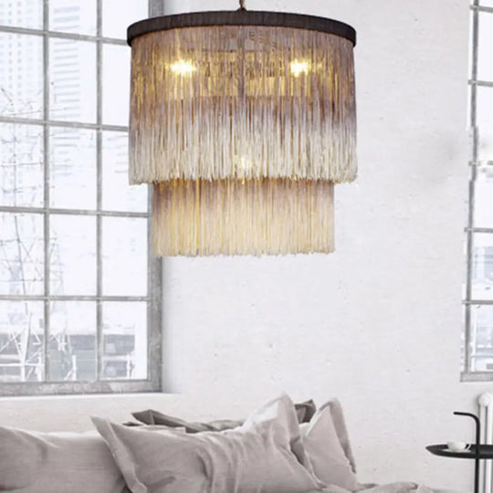 Hemp Fringe Coffee Suspension Light Retro Style Chandelier With 4 Bulbs And Layered Drum Design / 14