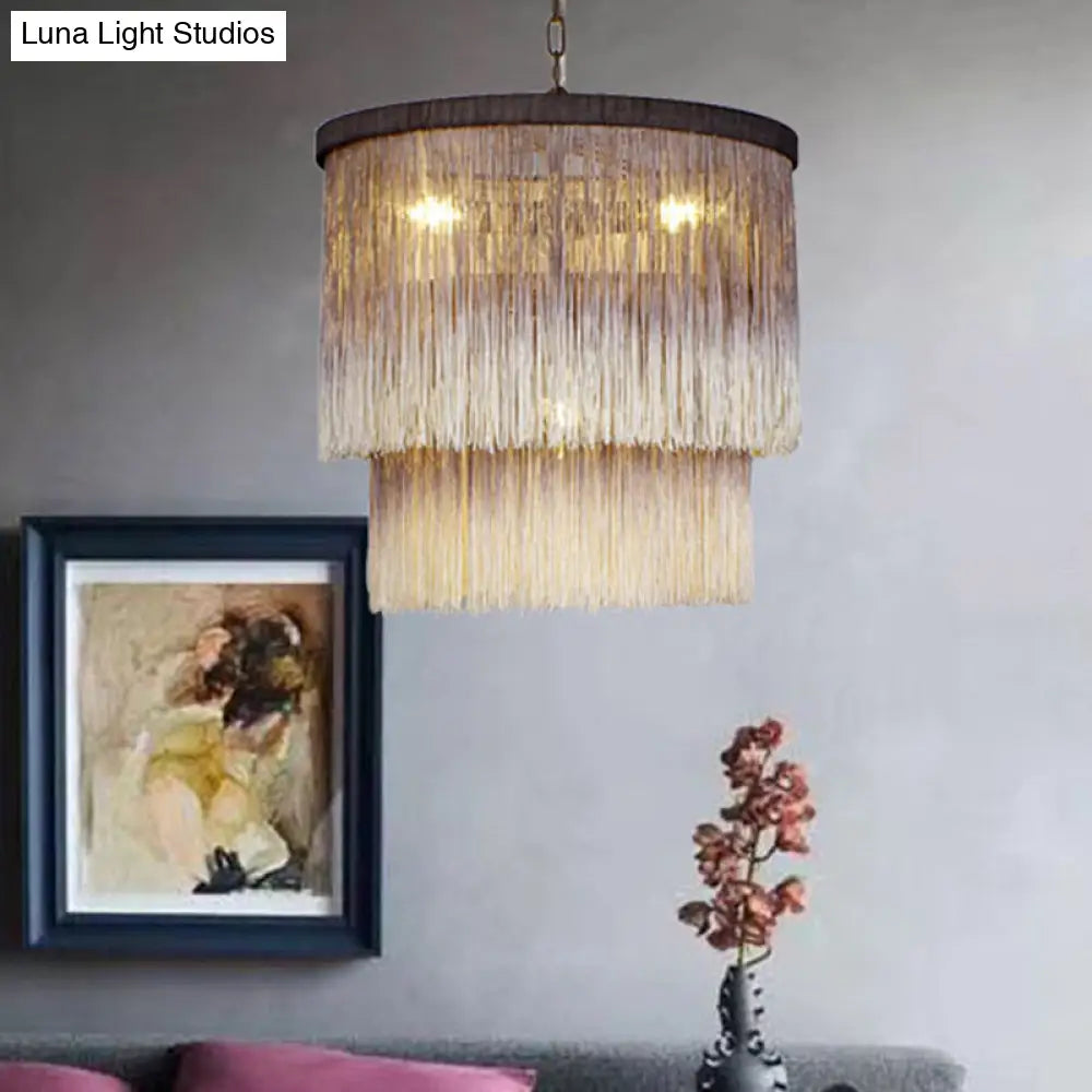 Hemp Fringe Coffee Suspension Light Retro Style Chandelier With 4 Bulbs And Layered Drum Design