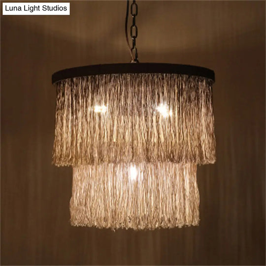 Hemp Fringe Coffee Suspension Light Retro Style Chandelier With 4 Bulbs And Layered Drum Design