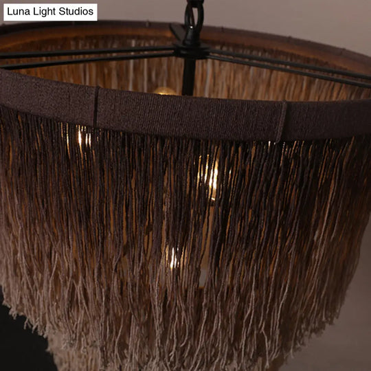 Hemp Fringe Coffee Suspension Light Retro Style Chandelier With 4 Bulbs And Layered Drum Design