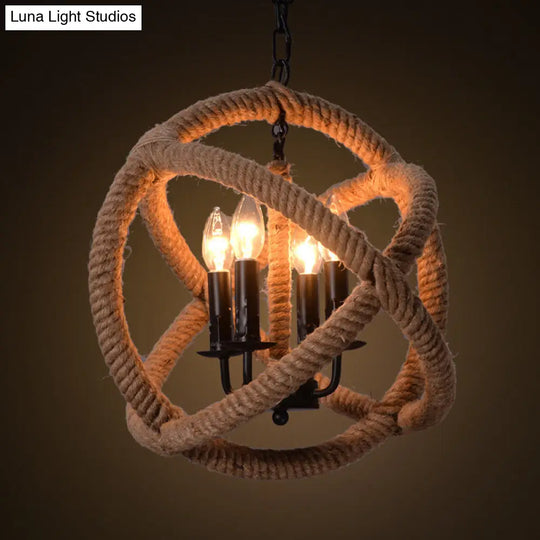 Hemp Rope Farmhouse Ceiling Chandelier With 4-Light Suspension Beige / 14