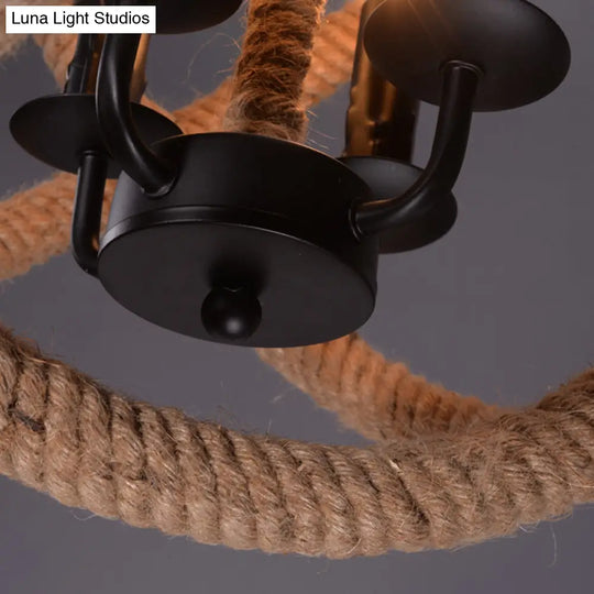 Hemp Rope 4-Light Chandelier In Beige For Farmhouse And Bedroom Suspension