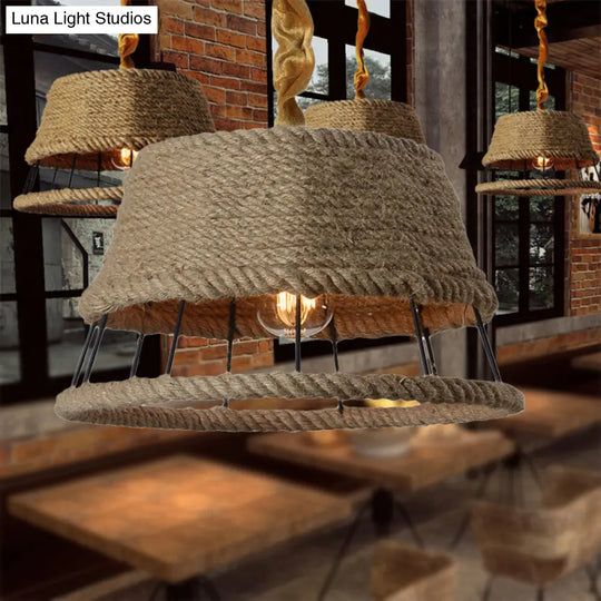 Hemp Rope Pendant Light With Metal Cage Shade - Rustic Beige 1-Head Fixture For Restaurants