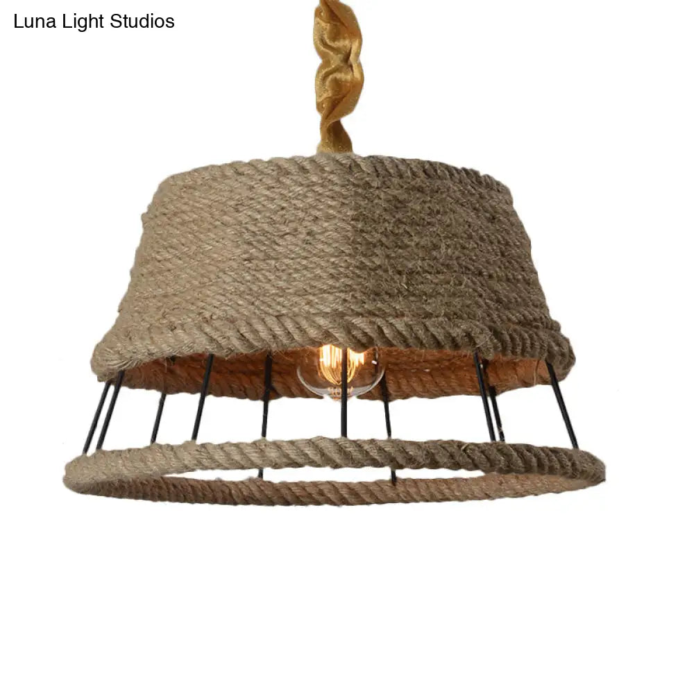 Hemp Rope Pendant Light With Metal Cage Shade - Rustic Beige 1-Head Fixture For Restaurants