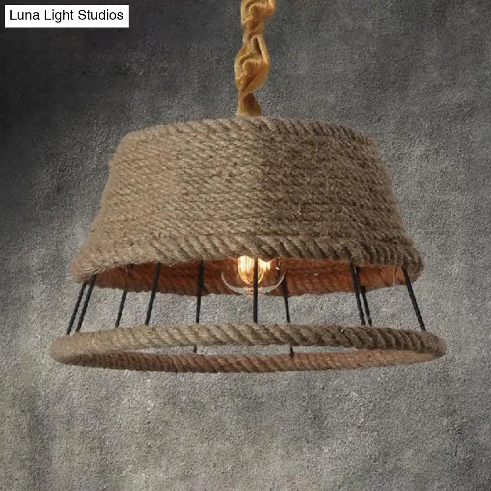 Hemp Rope Beige Pendant Light With Metal Cage Shade - Lodge Hanging Fixture For Restaurant