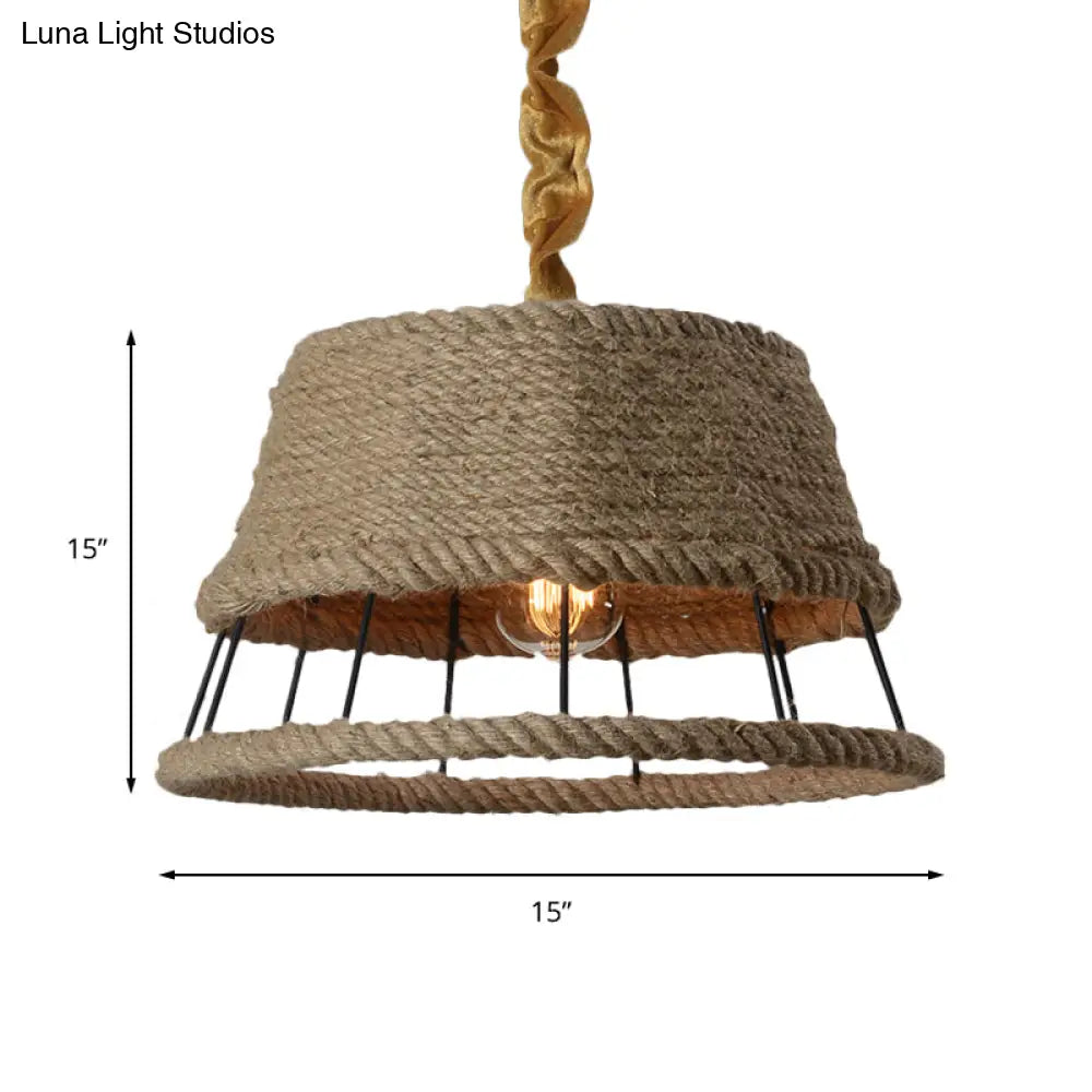 Hemp Rope Beige Pendant Light With Metal Cage Shade - Lodge Hanging Fixture For Restaurant