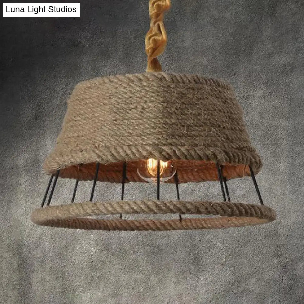 Hemp Rope Pendant Light With Metal Cage Shade - Rustic Beige 1-Head Fixture For Restaurants