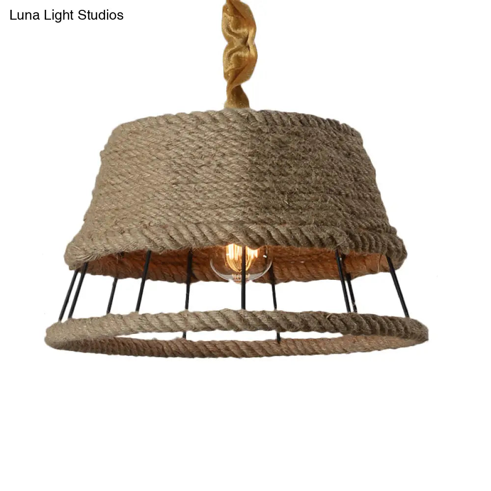 Hemp Rope Beige Pendant Light With Metal Cage Shade - Lodge Hanging Fixture For Restaurant