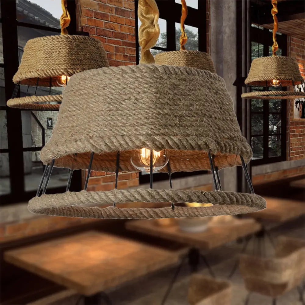 Hemp Rope Beige Pendant Light With Metal Cage Shade - Lodge Hanging Fixture For Restaurant