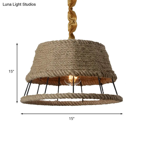 Hemp Rope Pendant Light With Metal Cage Shade - Rustic Beige 1-Head Fixture For Restaurants