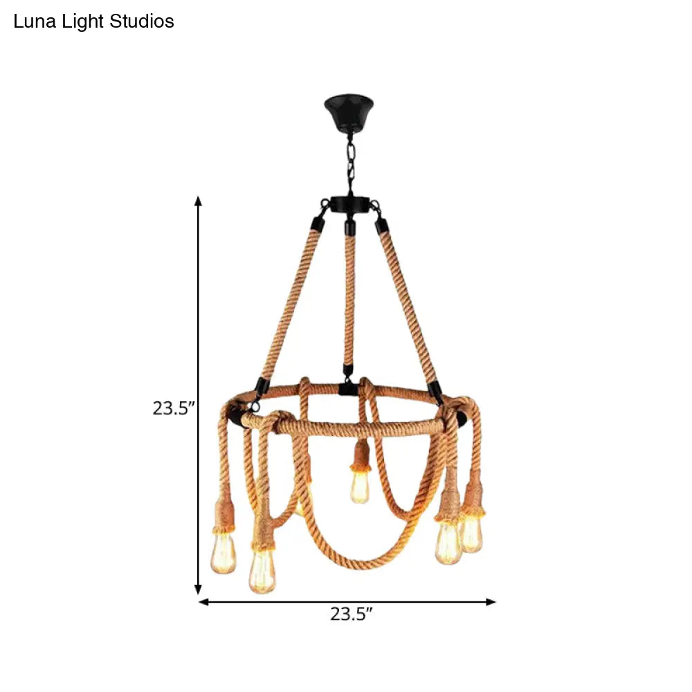 Hemp Rope Brown Pendant Chandelier - 6-Light Countryside Ceiling Light For Restaurant