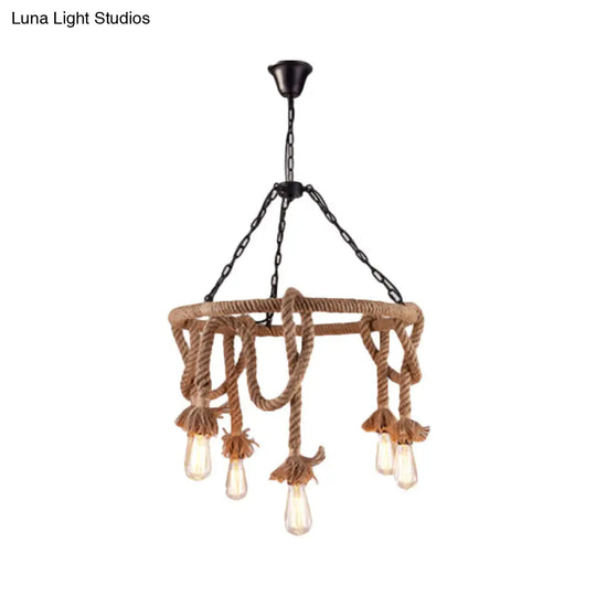 Hemp Rope Pendant Chandelier With 6 Bare Bulb Lights For Rustic Ceiling Decor