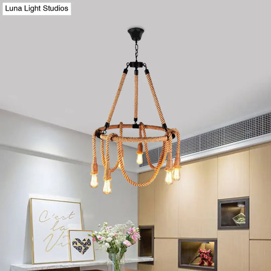 Hemp Rope Brown Pendant Chandelier - 6-Light Countryside Ceiling Light For Restaurant