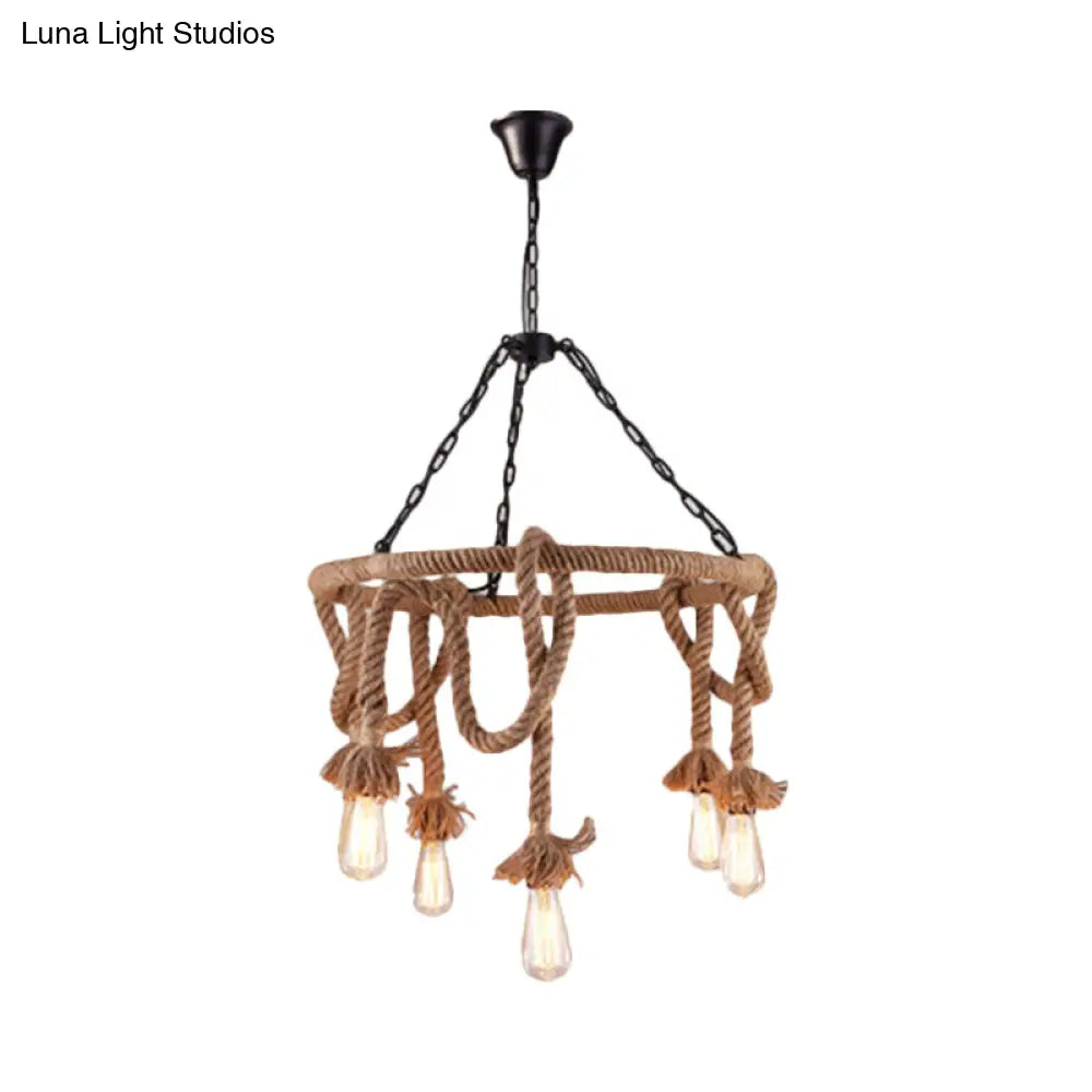 Hemp Rope Brown Pendant Chandelier - 6-Light Countryside Ceiling Light For Restaurant