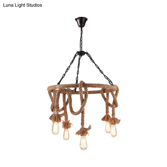 Hemp Rope Brown Pendant Chandelier - 6-Light Countryside Ceiling Light For Restaurant