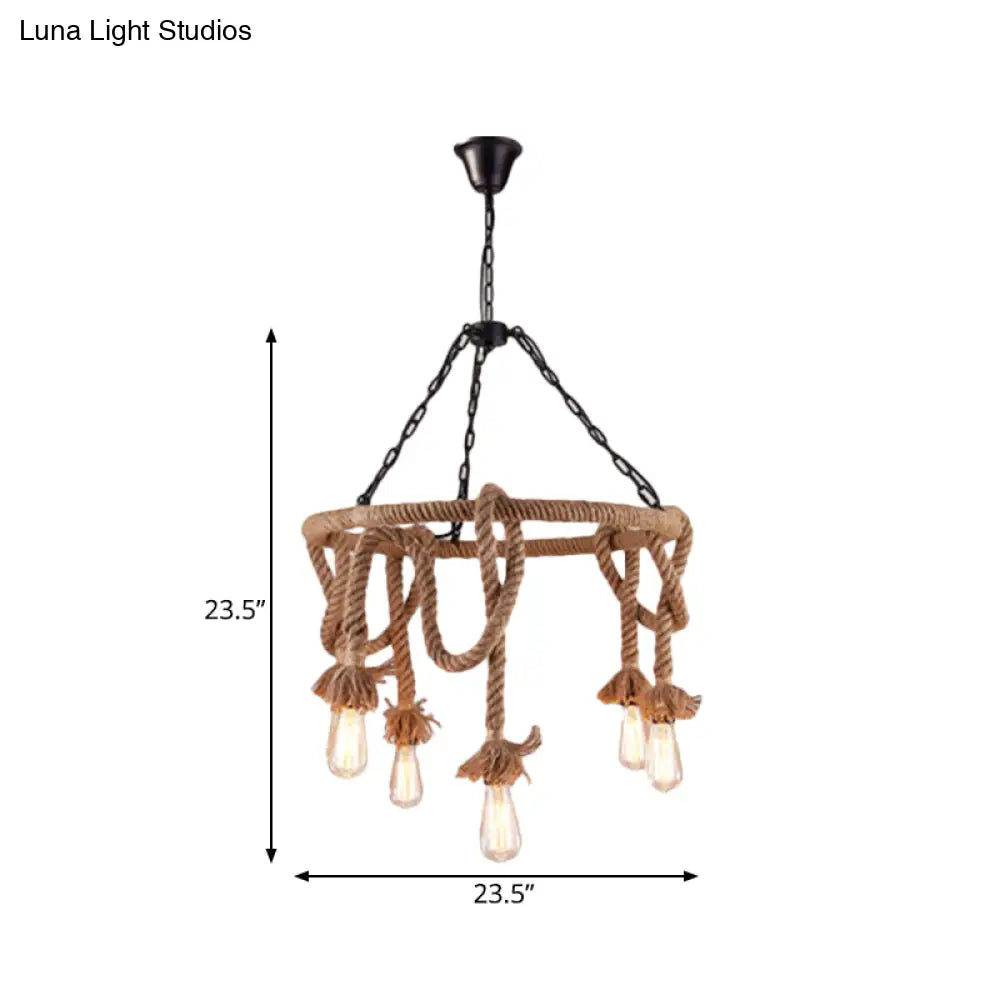 Hemp Rope Brown Pendant Chandelier - 6-Light Countryside Ceiling Light For Restaurant