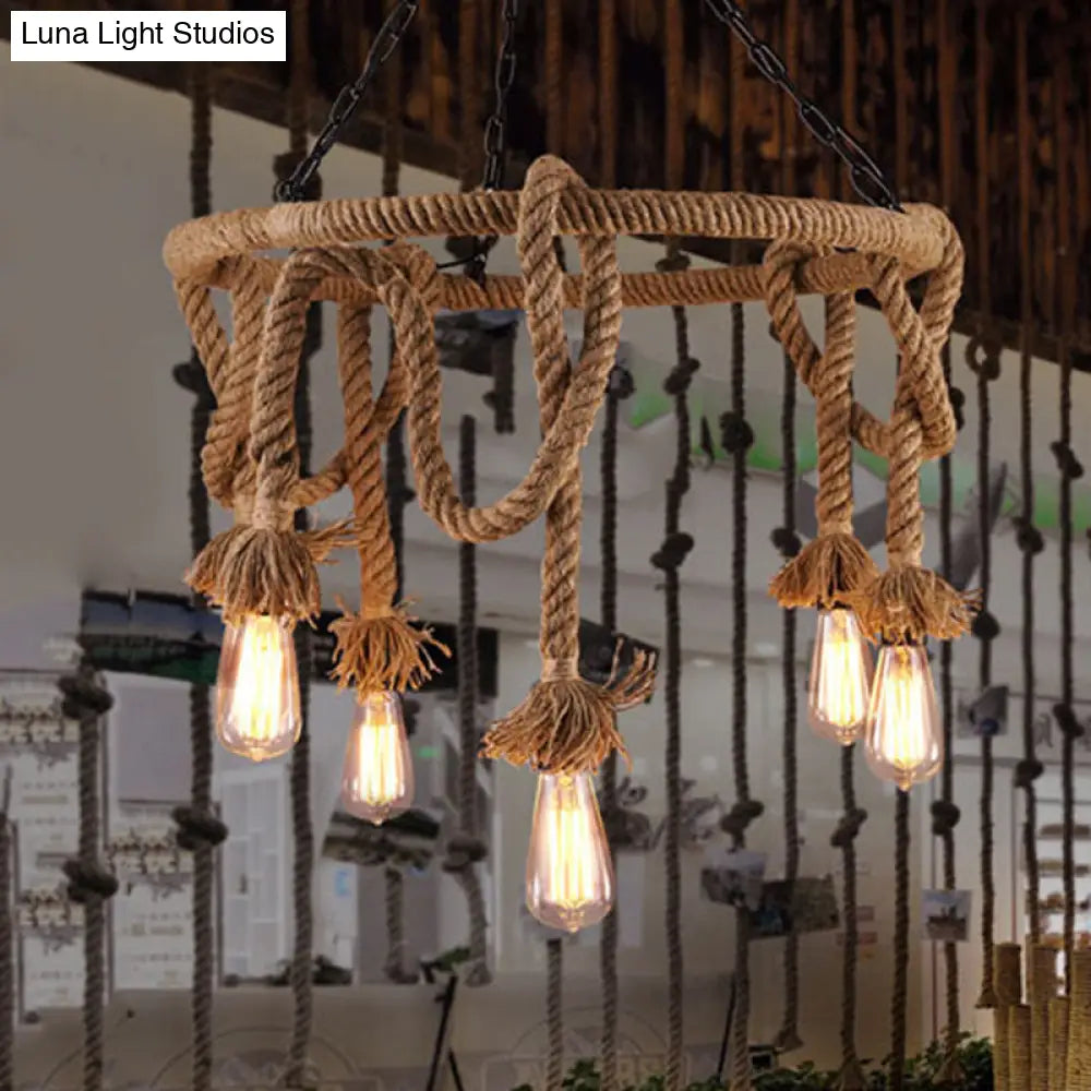 Hemp Rope Brown Pendant Chandelier - 6-Light Countryside Ceiling Light For Restaurant