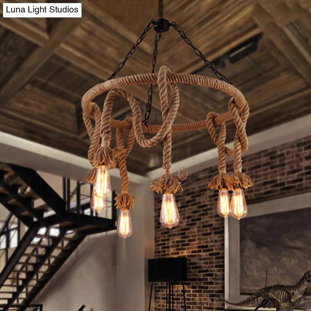 Hemp Rope Pendant Chandelier With 6 Bare Bulb Lights For Rustic Ceiling Decor Brown / A