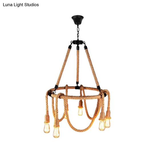 Hemp Rope Brown Pendant Chandelier - 6-Light Countryside Ceiling Light For Restaurant