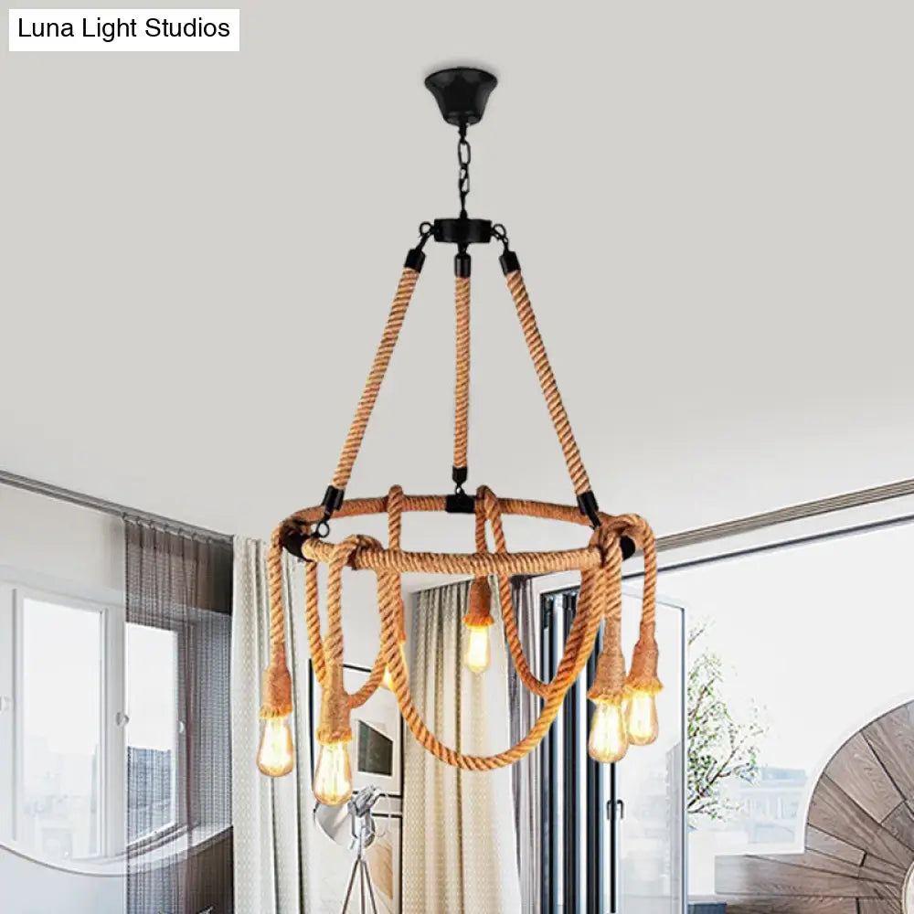 Hemp Rope Brown Pendant Chandelier - 6-Light Countryside Ceiling Light For Restaurant