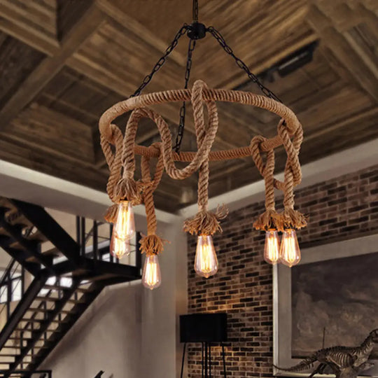 Hemp Rope Brown Pendant Chandelier - 6-Light Countryside Ceiling Light For Restaurant / A