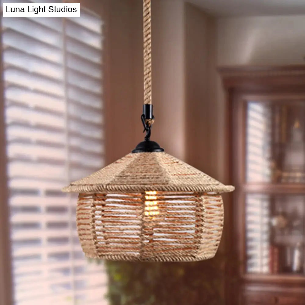 Hemp Rope Caged Pendant Light Industrial Style Single-Bulb Flaxen Color / H