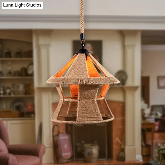 Hemp Rope Caged Pendant Light Industrial Style Single-Bulb Flaxen Color / F