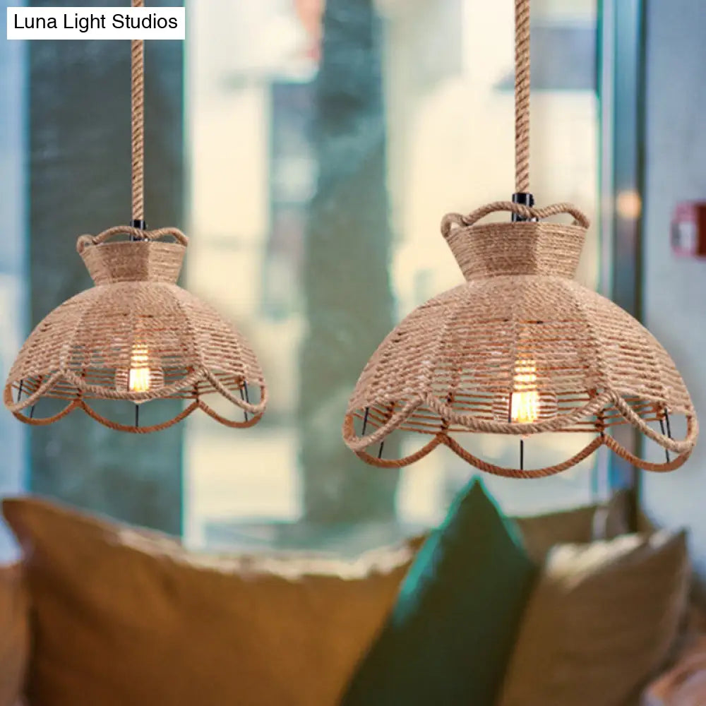 Hemp Rope Caged Pendant Light Industrial Style Single-Bulb Flaxen Color / E