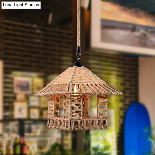 Hemp Rope Caged Pendant Light Industrial Style Single-Bulb Flaxen Color / G