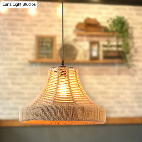 Hemp Rope Caged Pendant Light Industrial Style Single-Bulb Flaxen Color / C