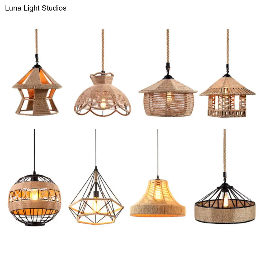 Hemp Rope Caged Pendant Light Industrial Style Single-Bulb Flaxen Color