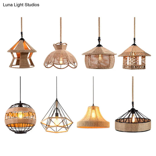 Hemp Rope Caged Pendant Light Industrial Style Single-Bulb Flaxen Color