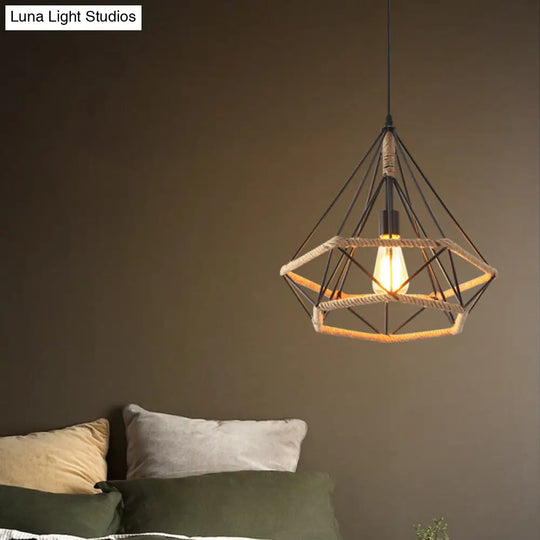 Hemp Rope Caged Pendant Light Industrial Style Single-Bulb Flaxen Color / D