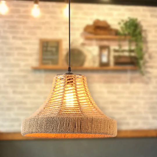 Hemp Rope Caged Pendant: Flaxen Single-Bulb Industrial Hanging Lamp / C