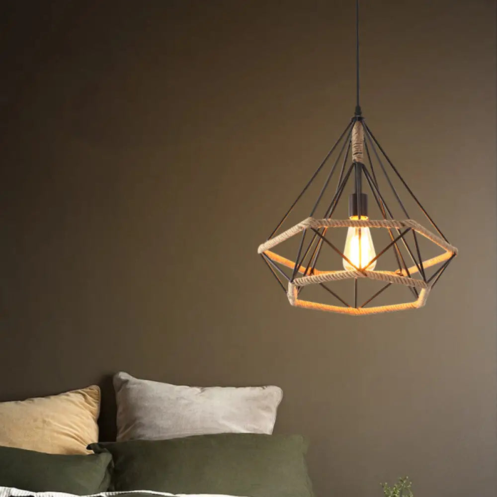 Hemp Rope Caged Pendant: Flaxen Single-Bulb Industrial Hanging Lamp / D