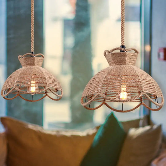 Hemp Rope Caged Pendant: Flaxen Single-Bulb Industrial Hanging Lamp / E