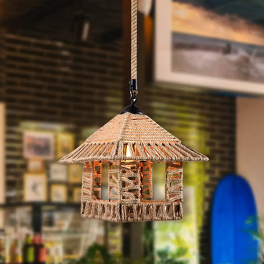 Hemp Rope Caged Pendant: Flaxen Single-Bulb Industrial Hanging Lamp / G