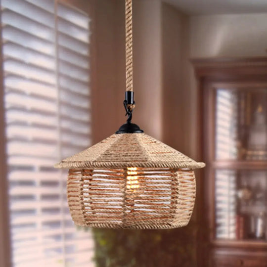 Hemp Rope Caged Pendant: Flaxen Single-Bulb Industrial Hanging Lamp / H