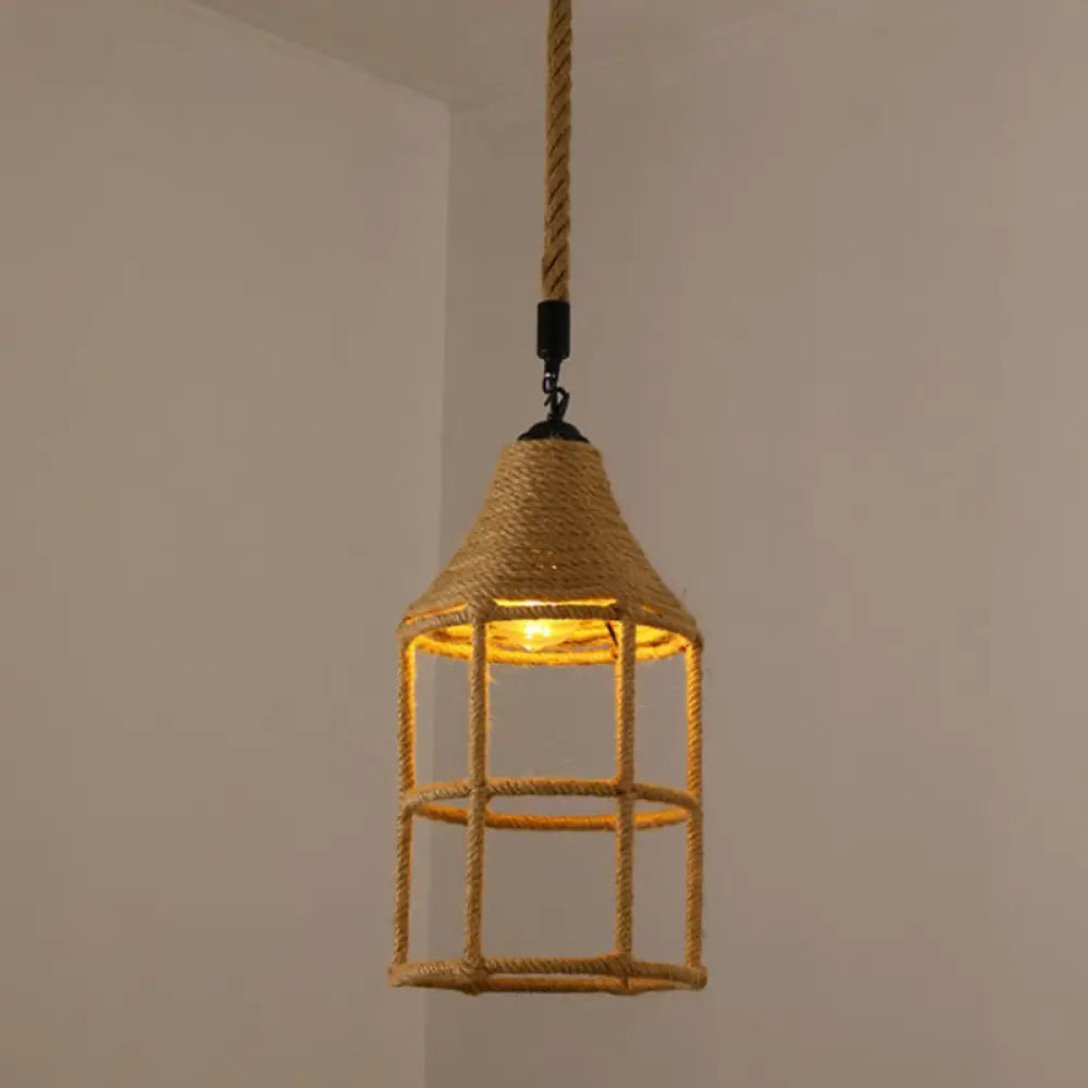 Hemp Rope Caged Pendant Light - Vintage Single-Bulb Hanging Fixture For Restaurants In Brown / E