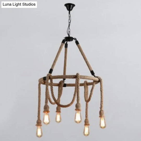 Hemp Rope Chandelier Pendant Light Kit In Antiqued Beige For Restaurants With Exposed Bulb