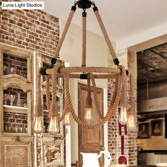 Hemp Rope Chandelier Pendant Light Kit - Antique Restaurant Style In Beige 6 /